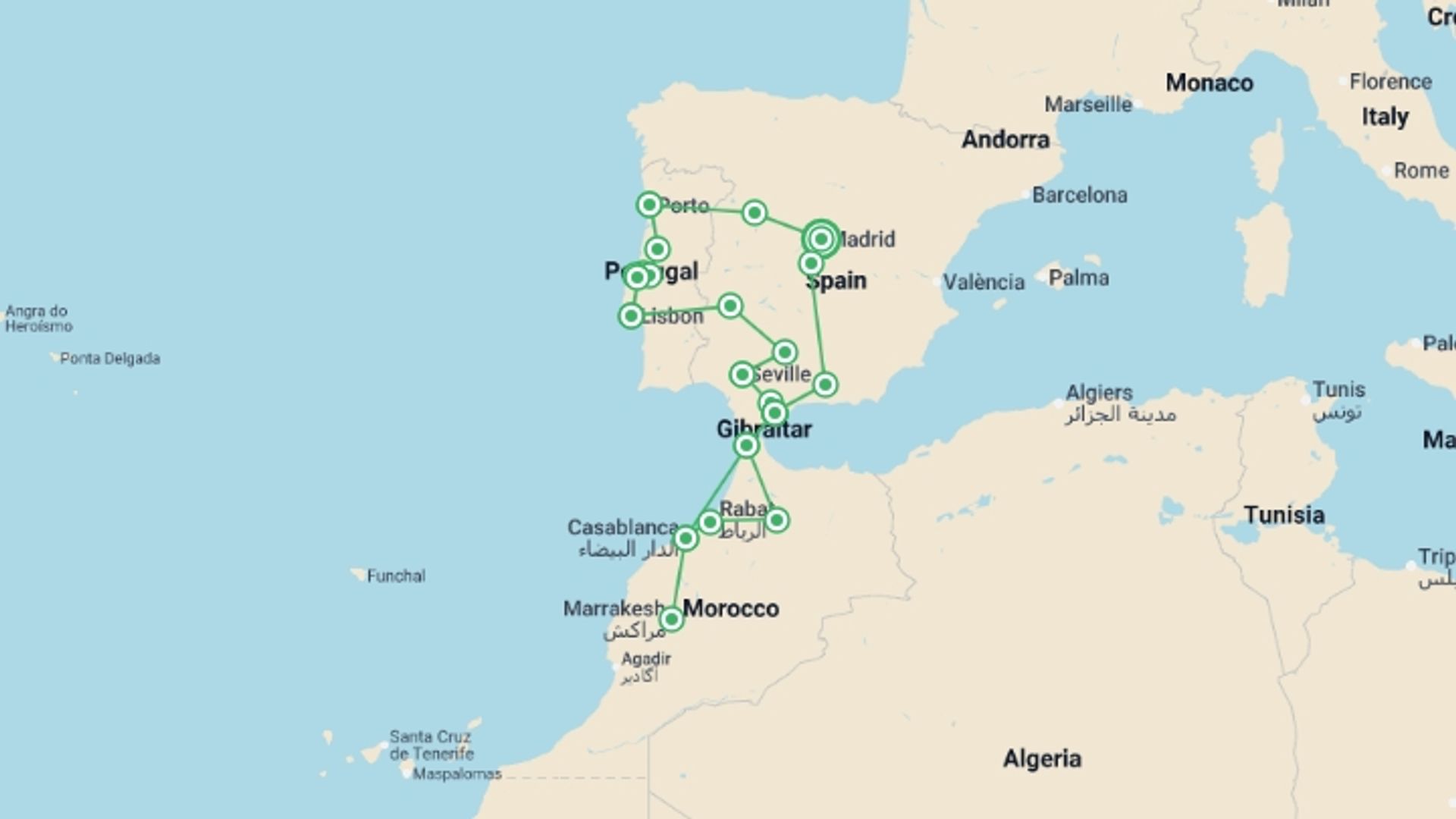 A map showing the tour itinerary for the trip: Madrid to Portugal, Andalucia & Morocco (Superior) - 18 days, starting in Madrid, Spain and ending in Madrid, Spain going through 11 other destinations.