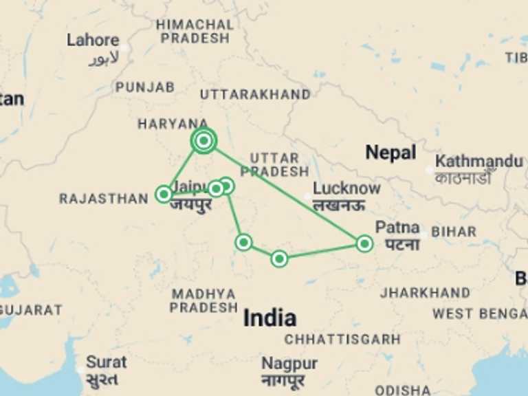 Map itinerary of India Tour in July 2026 with 6 destination visits for the trip: Classical North India