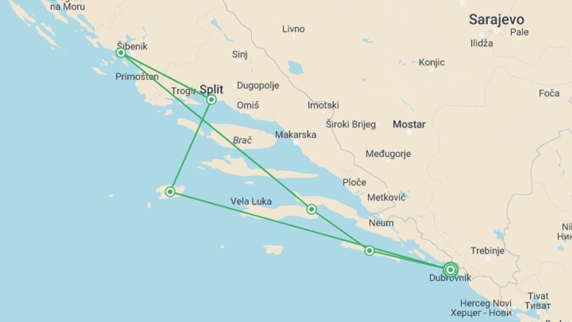 A map showing the tour itinerary for the trip: Family Club - Croatia and Montenegro (port-to-port cruise), starting in Dubrovnik, Croatia and ending in Dubrovnik, Croatia going through 5 other destinations.