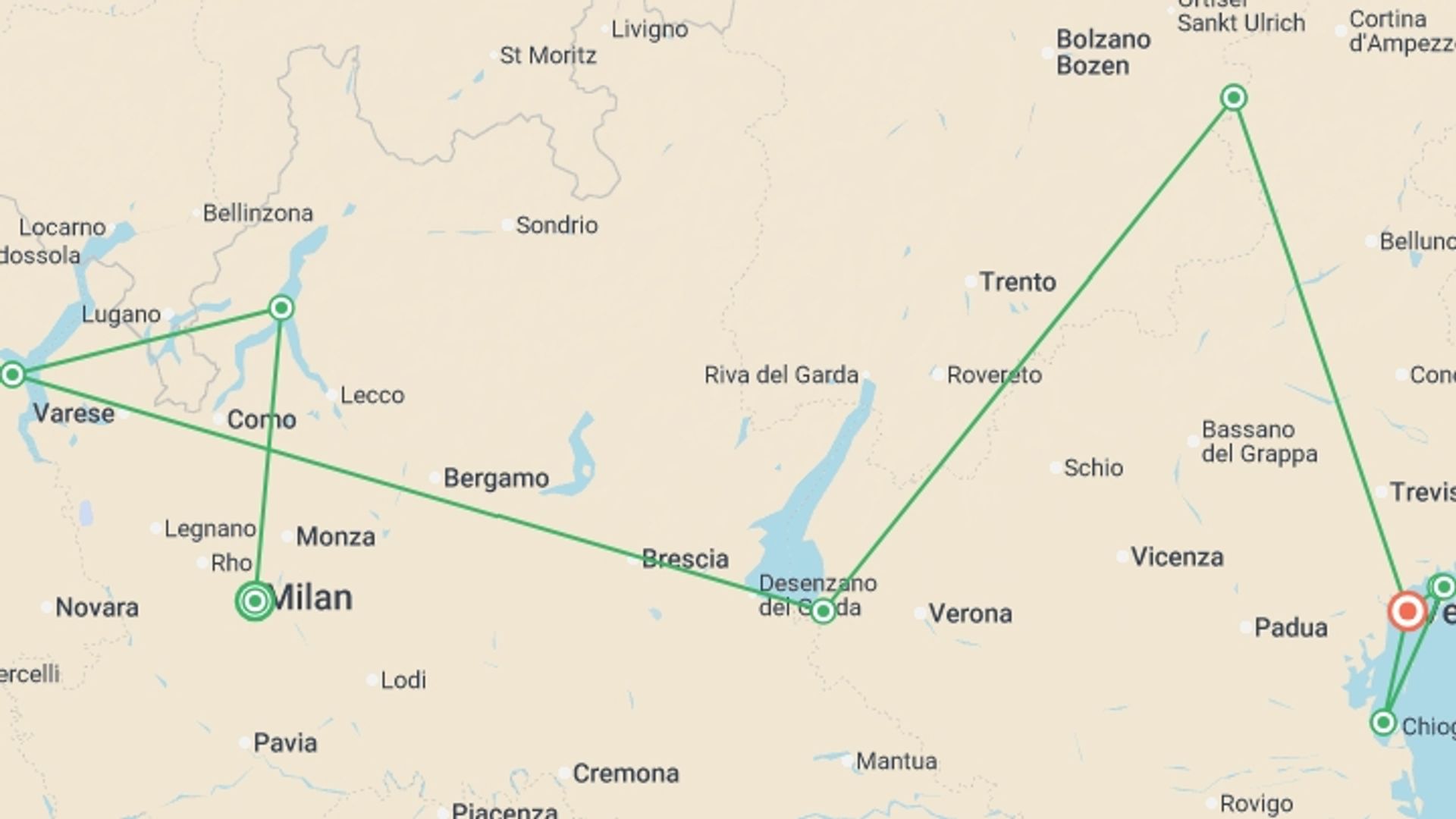 A map showing the tour itinerary for the trip: Cruise & Tour: Savor Northern Italy (2027), starting in Milan, Italy and ending in Venice, Italy going through 5 other destinations.