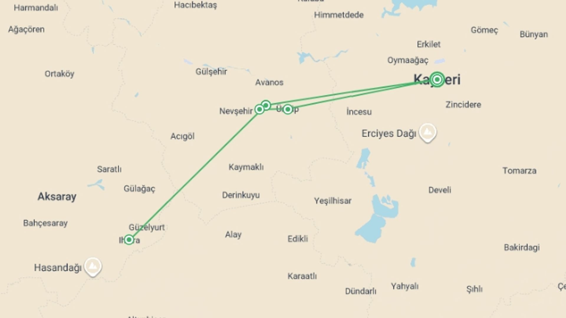 A map showing the tour itinerary for the trip: Cappadocia Guided Walk, starting in Kayseri, Turkey and ending in Kayseri, Turkey going through 4 other destinations.