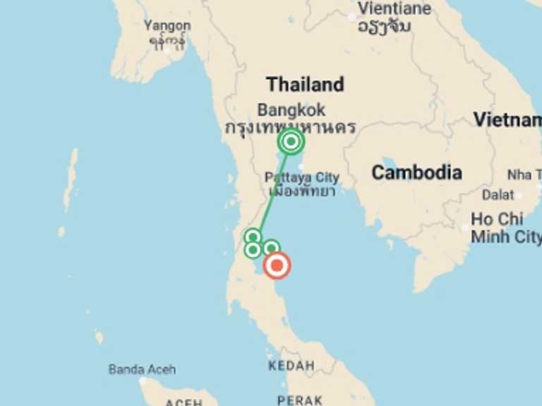 Map itinerary of Thailand Tour in September 2027 with 5 destination visits for the trip: Thailand Beaches: Bangkok to Ko Samui