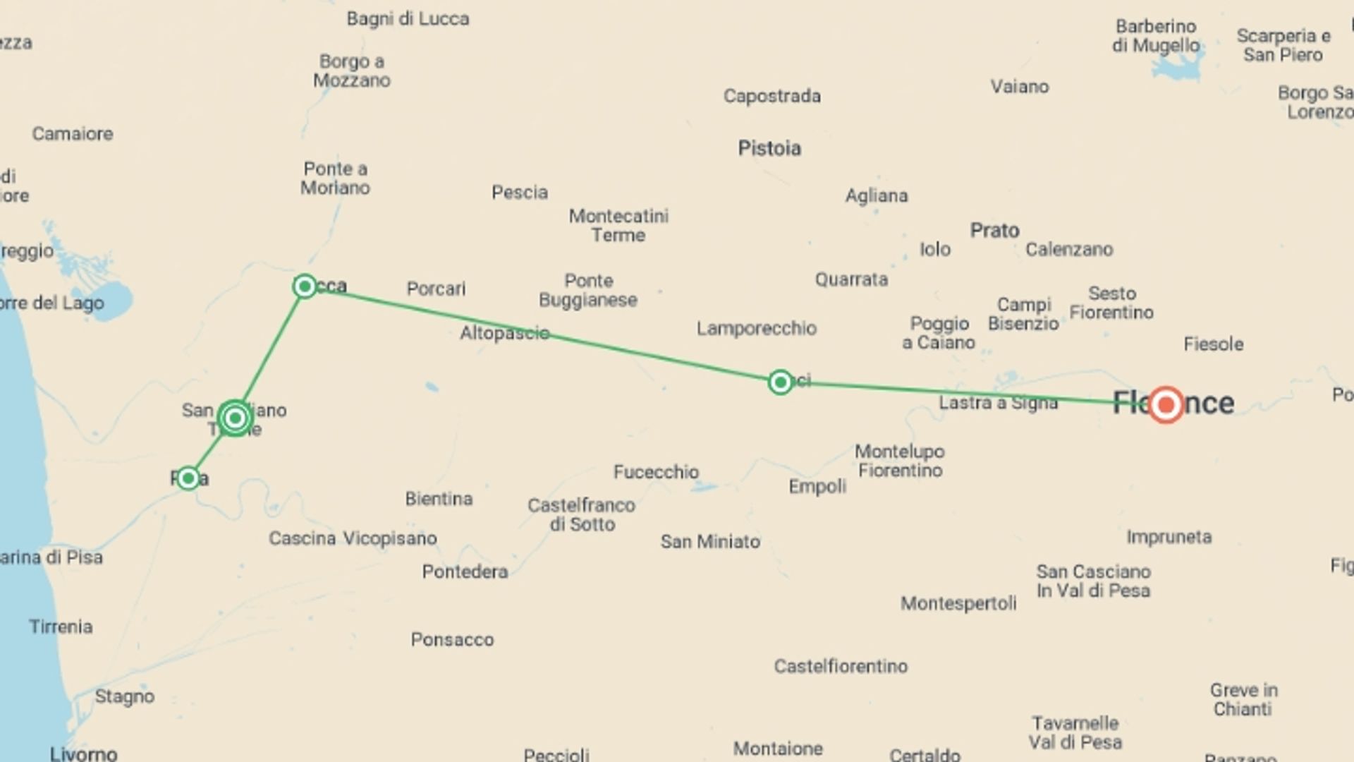 A map showing the tour itinerary for the trip: Tuscany Cycle for Families, starting in San Giuliano Terme, Italy and ending in Florence, Italy going through 5 other destinations.
