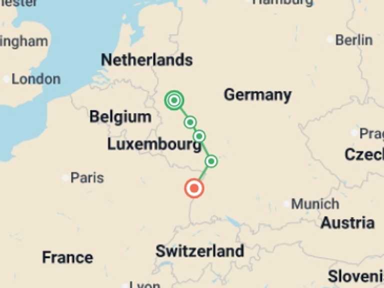 Map of Europe Tour with 5 destination visits for the trip: Christmas Markets along the Rhine (port-to-port package)