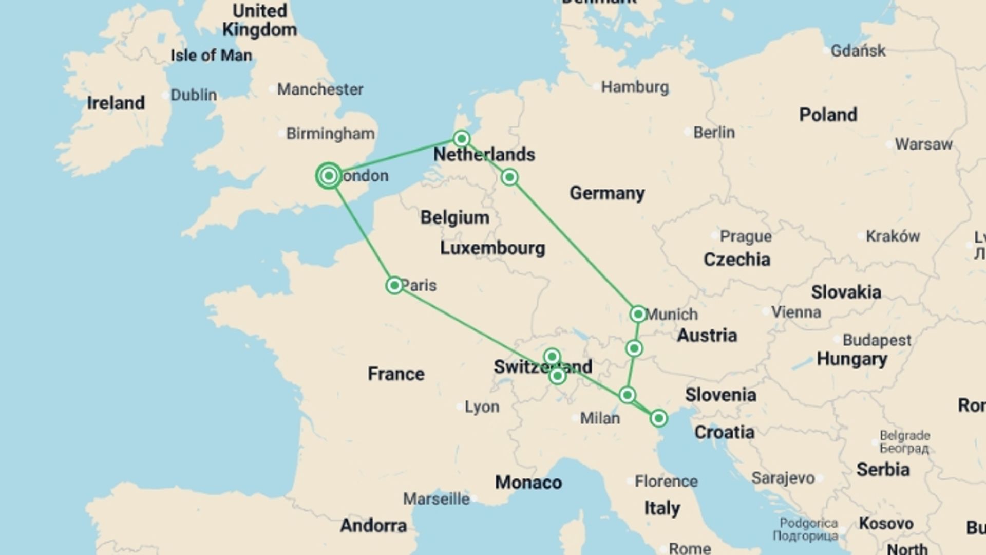 A map showing the tour itinerary for the trip: European Horizon, starting in London, England and ending in London, England going through 7 other destinations.