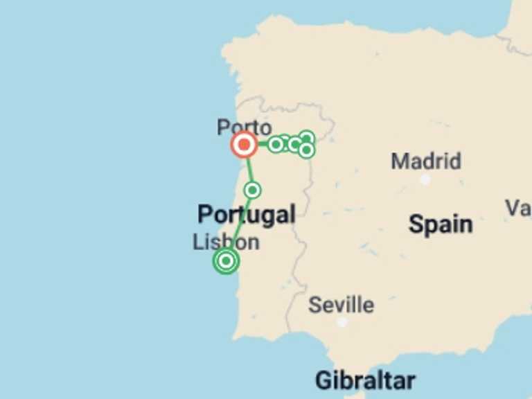 Map of Porto City sightseeing Tour with 6 destination visits for the trip: Lisbon, Porto and the Douro valley (Portugal) and Salamanca (Spain) (port-to-port cruise)