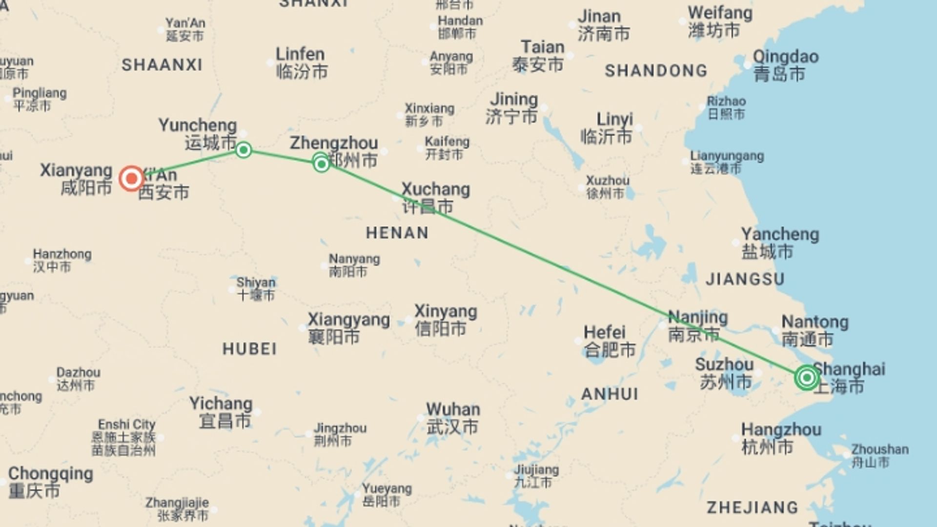A map showing the tour itinerary for the trip: Classical China end Xian, starting in Shanghai, China and ending in Xian, China going through 1 other destinations.