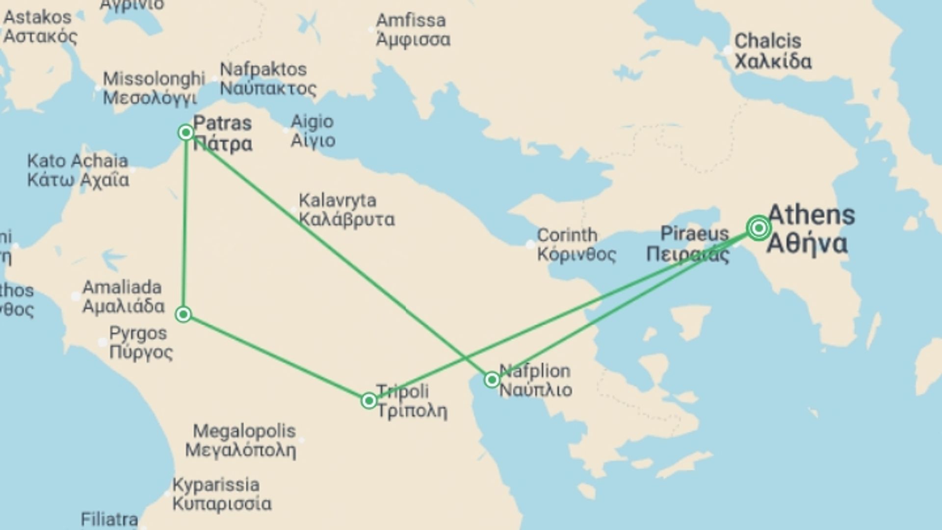 A map showing the tour itinerary for the trip: Peloponnese and Saronic Islands, starting in Athens, Greece and ending in Athens, Greece going through 1 other destinations.