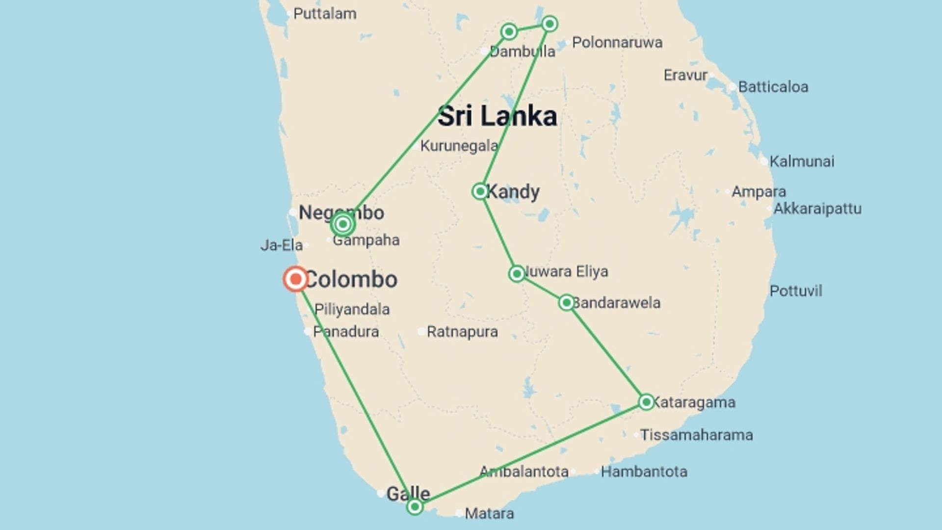 A map showing the tour itinerary for the trip: Discover Sri Lanka, starting in Veyangoda, Sri Lanka and ending in Colombo, Sri Lanka going through 7 other destinations.