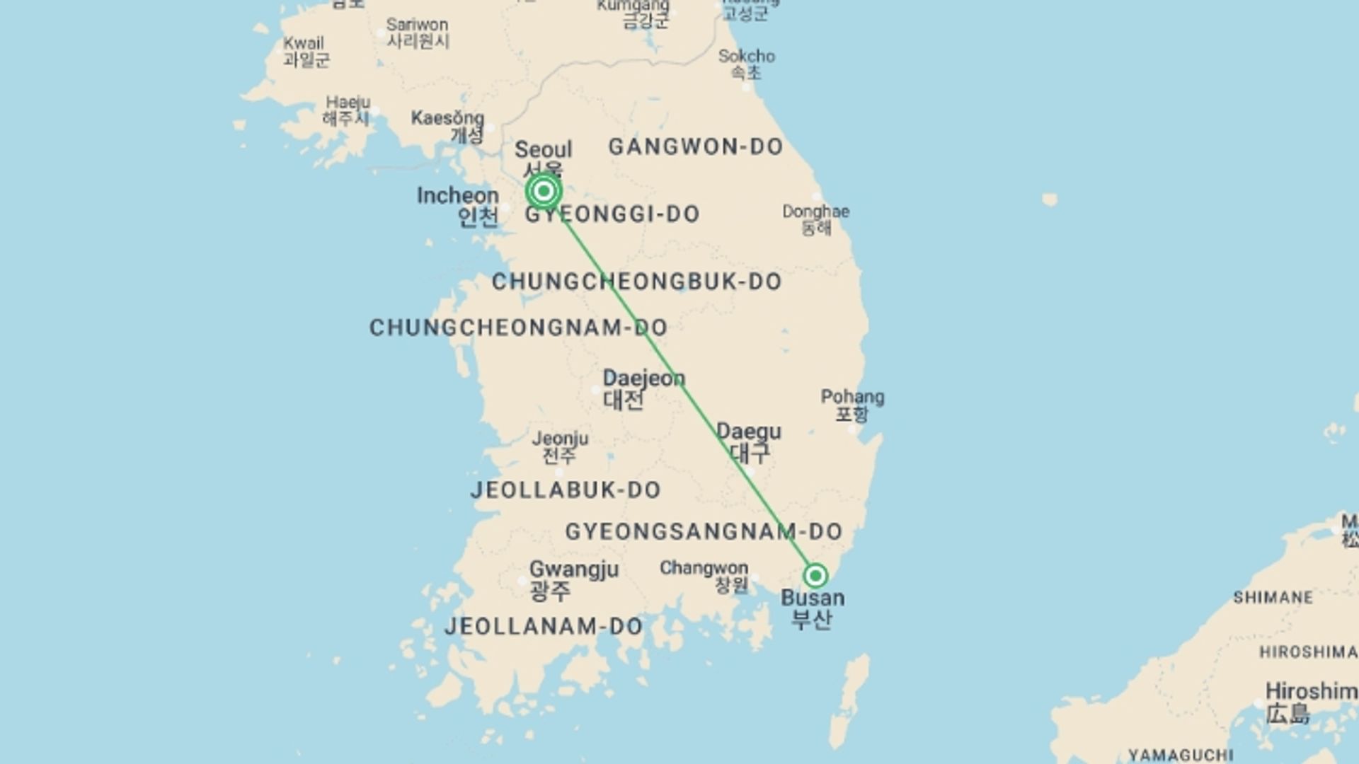 A map showing the tour itinerary for the trip: South Korea Autumn Flower Festival - 7 days, starting in Seoul, South Korea and ending in Seoul, South Korea going through 1 other destinations.