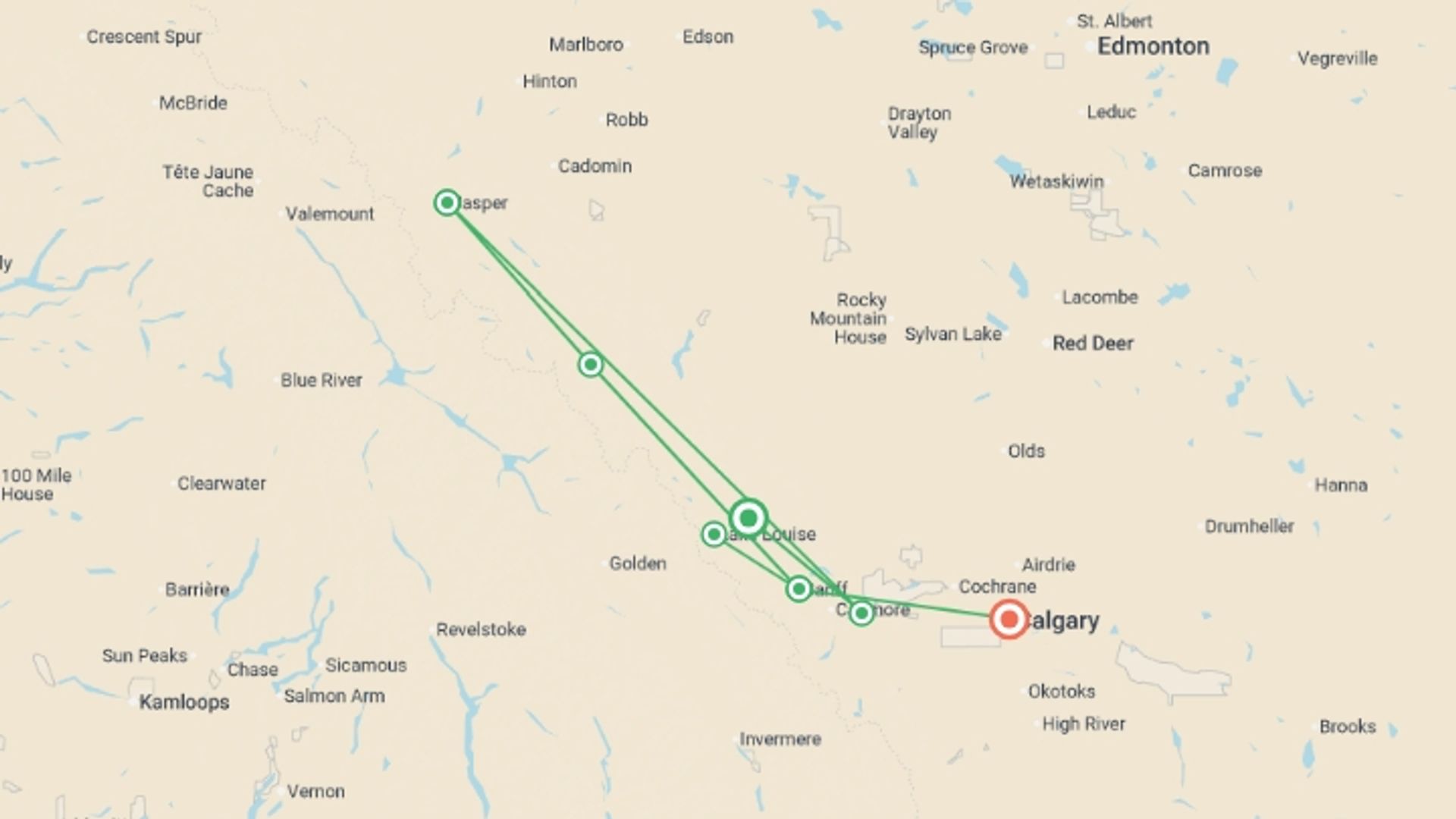 A map showing the tour itinerary for the trip: Spectacular Rockies and Glaciers of Alberta, starting in Banff National Park, Canada and ending in Calgary, Canada going through 5 other destinations.