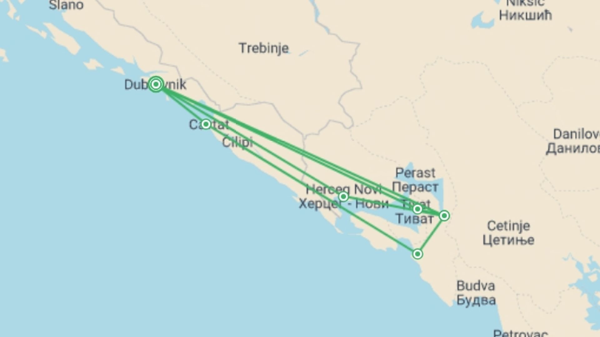 A map showing the tour itinerary for the trip: Montenegro Sailing Adventure from Dubrovnik, starting in Dubrovnik, Croatia and ending in Dubrovnik, Croatia going through 4 other destinations.