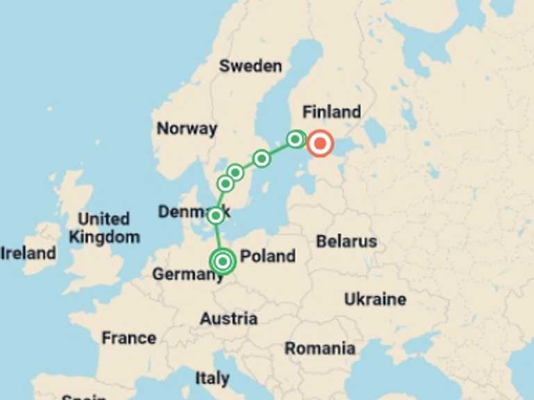 Map of Europe Explorer Tour with 5 destination visits for the trip: Explore Berlin to Helsinki