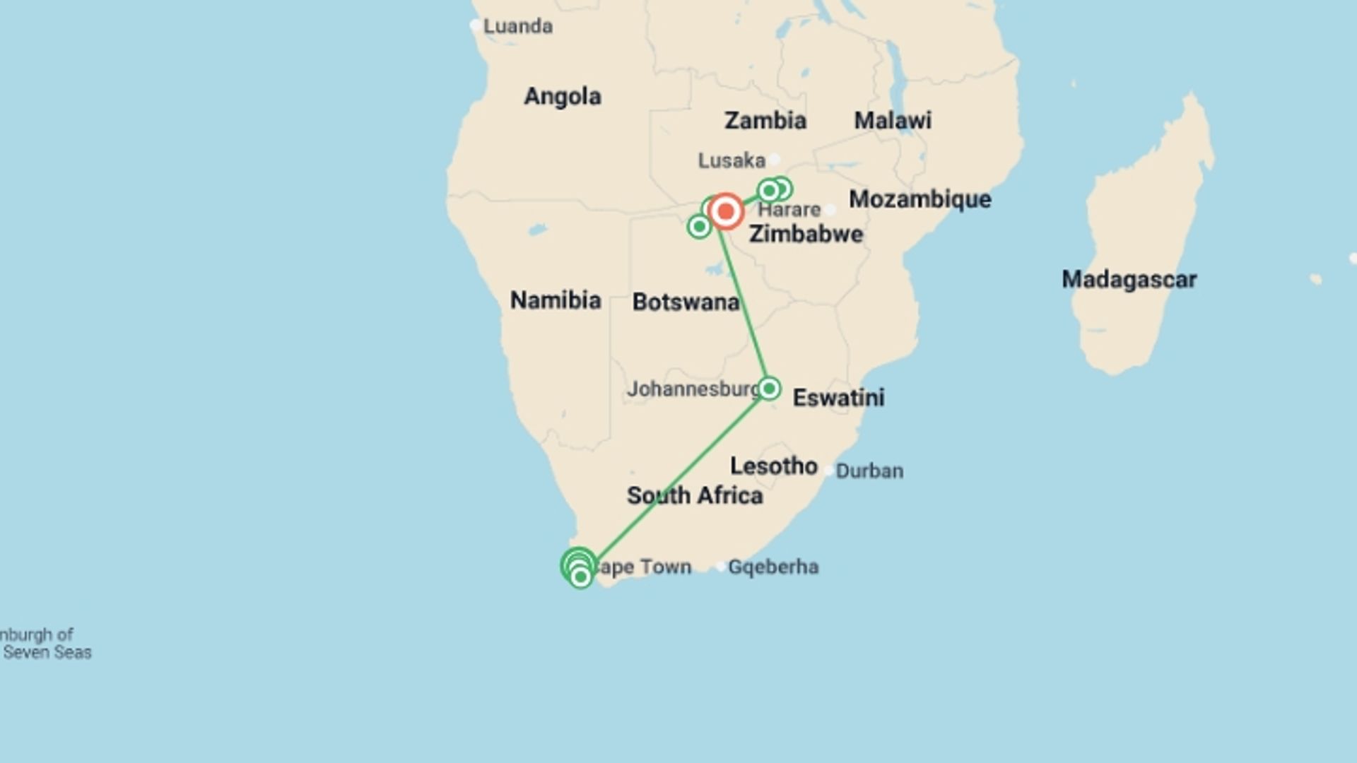 A map showing the tour itinerary for the trip: Safari Cruise along the Zambezi River - South Africa, Botswana, Namibia, Zimbabwe with extended stay at the Cape Peninsula (port-to-port cruise), starting in Cape Town, South Africa and ending in Victoria Falls, Zimbabwe going through 8 other destinations.