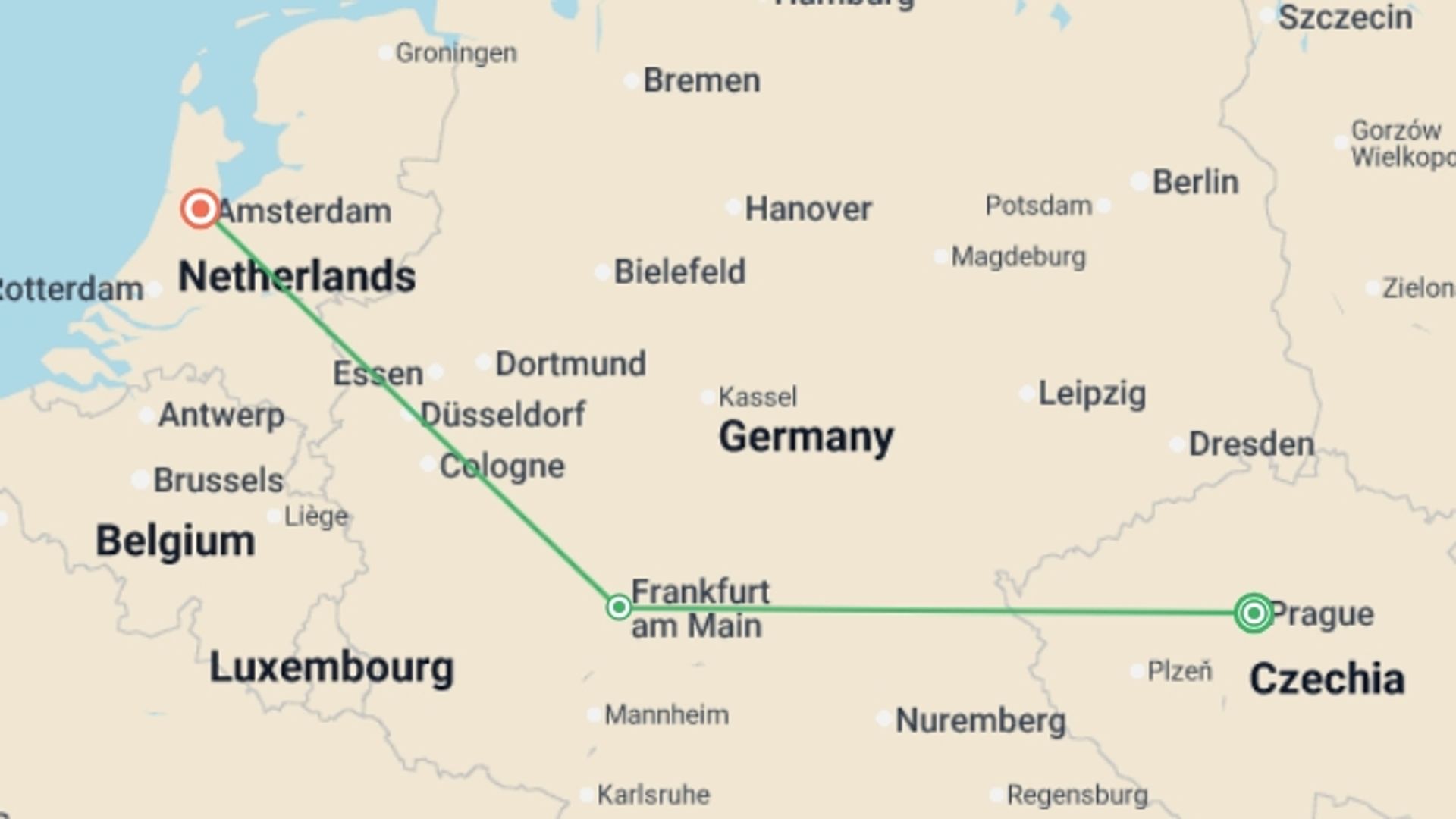 A map showing the tour itinerary for the trip: Beloved Europe GO, starting in Prague, Czech Republic and ending in Amsterdam, Holland going through 1 other destinations.