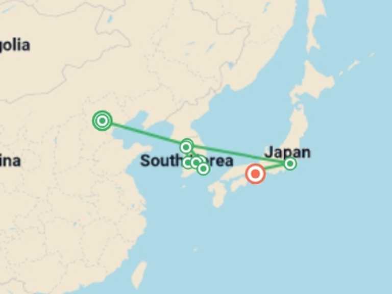 Map itinerary of Asia Tour in July 2026 with 8 destination visits for the trip: Beijing, Korean Beauty, and Japan
