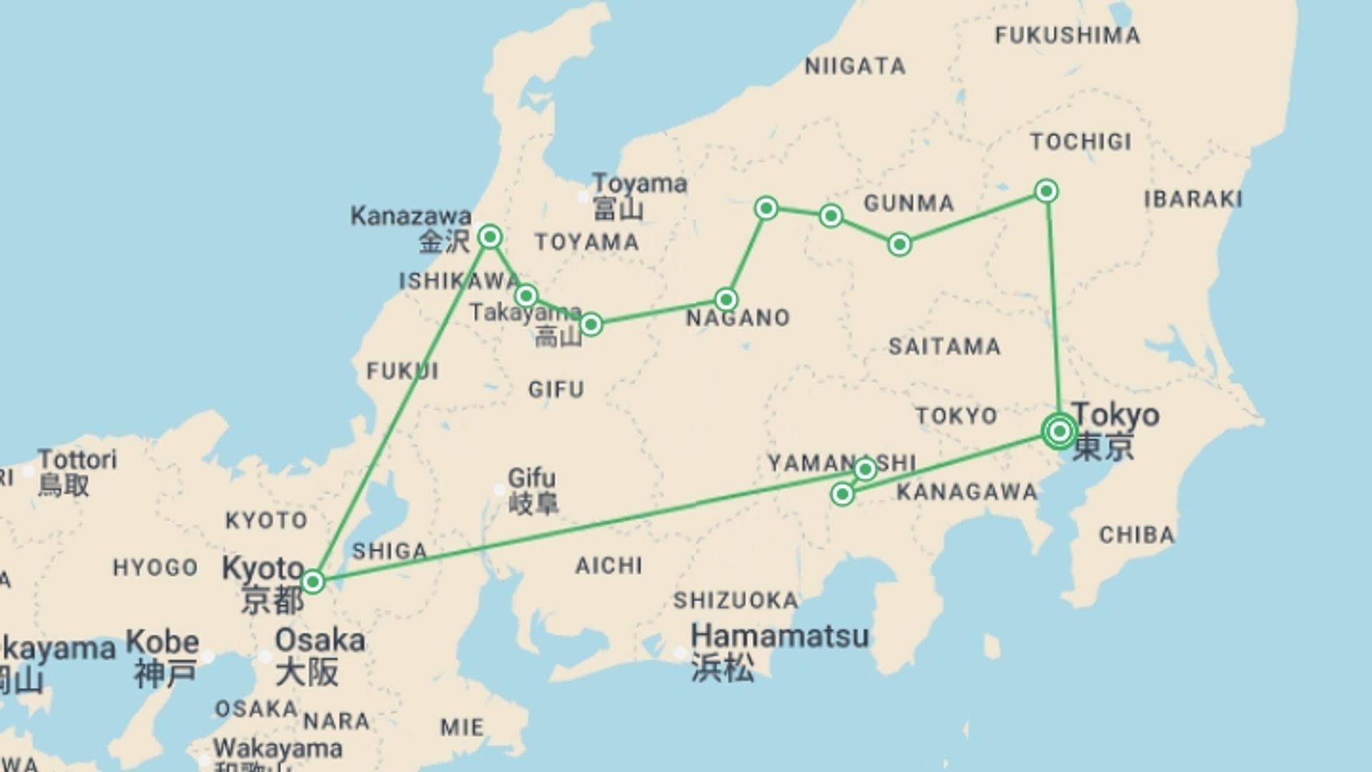A map showing the tour itinerary for the trip: Discover Hidden Japan, starting in Tokyo, Japan and ending in Tokyo, Japan going through 6 other destinations.