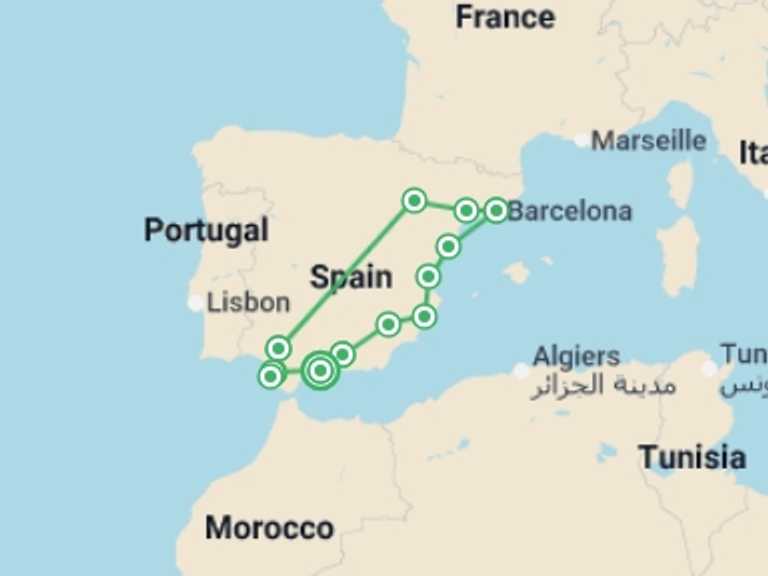 Map itinerary of Seville Tour in June 2026 with 7 destination visits for the trip: Andalusian Tour, Catalonia, and Levante