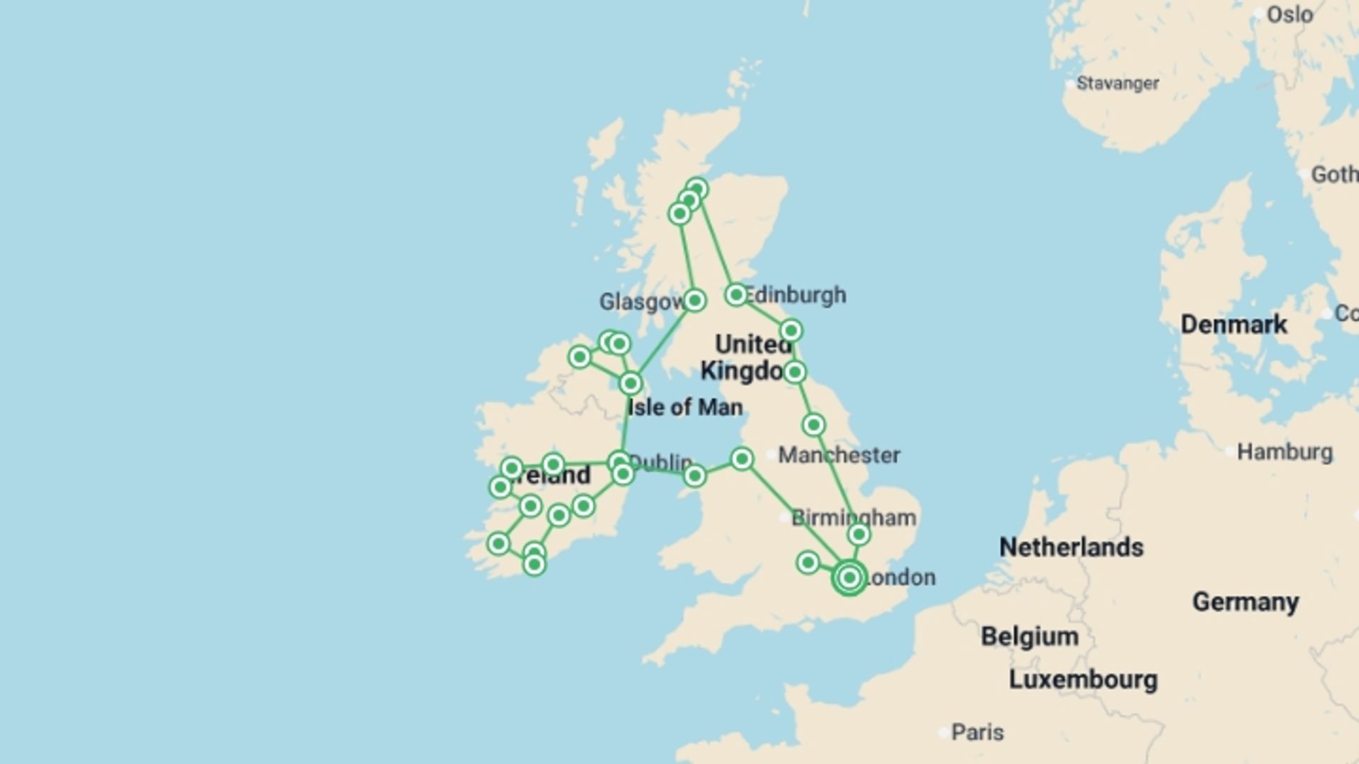 A map showing the tour itinerary for the trip: Great British Route and Emerald Isle, starting in London, England and ending in London, England going through 10 other destinations.