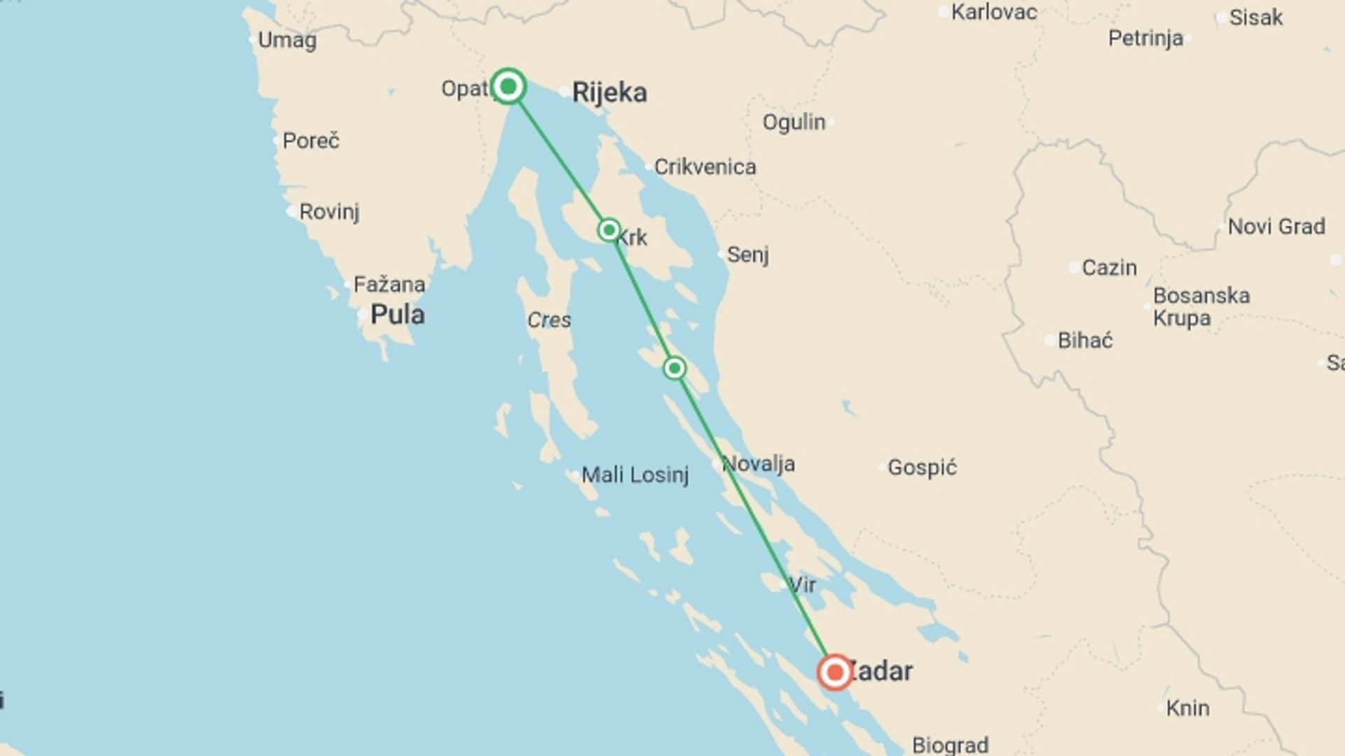 A map showing the tour itinerary for the trip: Opatija to Zadar Mini-Cruise (Premium Superior) - 3 days, starting in Opatija, Croatia and ending in Zadar, Croatia going through 2 other destinations.