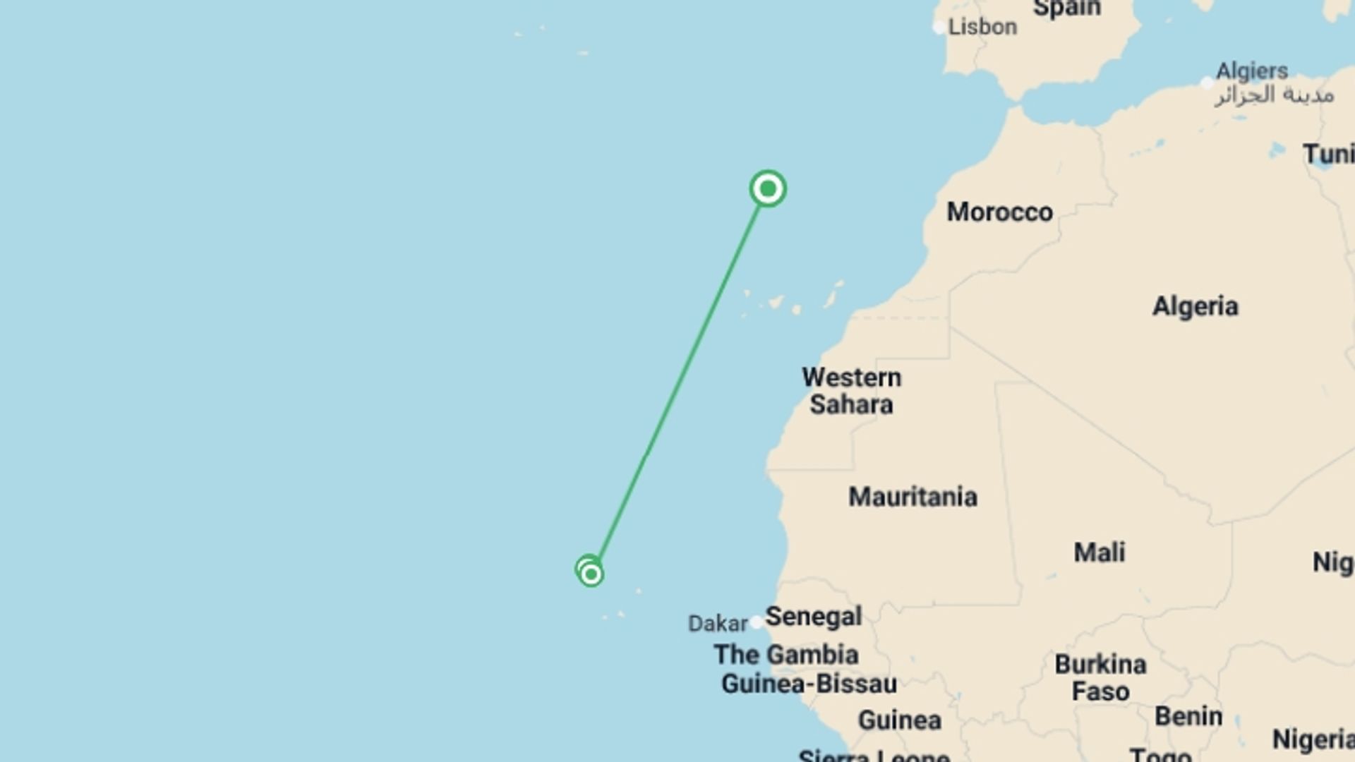 A map showing the tour itinerary for the trip: Best Of Cape Verde, starting in Madeira, Portugal and ending in Madeira, Portugal going through 3 other destinations.