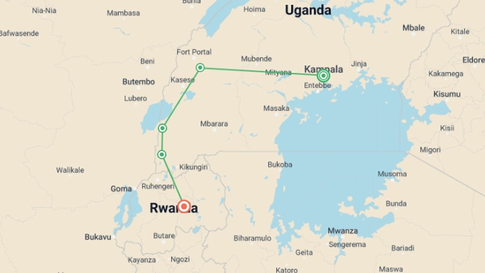 A map showing the tour itinerary for the trip: Uganda to Rwanda: Gorilla Treks & Safari Drives, starting in Kampala, Uganda and ending in Kigali, Rwanda going through 3 other destinations.