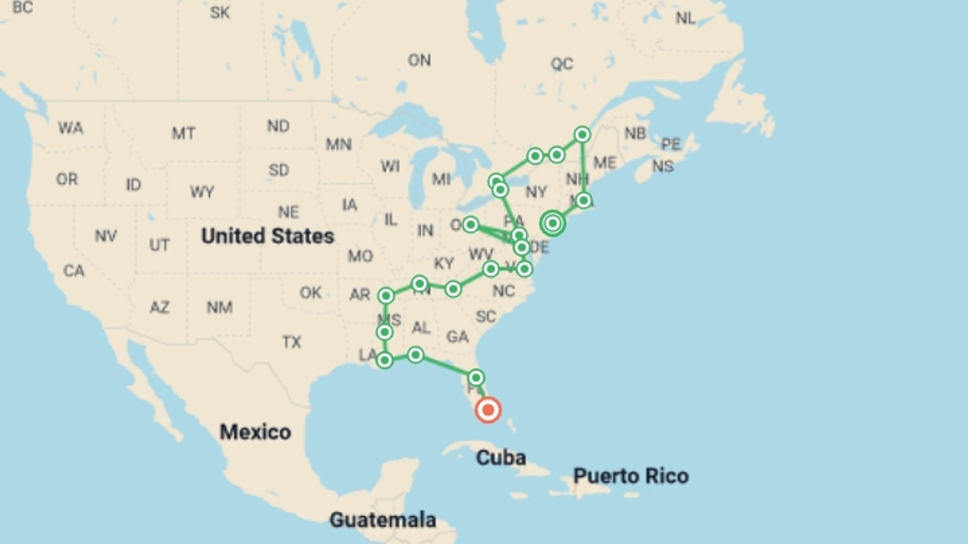 A map showing the tour itinerary for the trip: The Grand East, starting in New York, USA and ending in Miami, USA going through 14 other destinations.