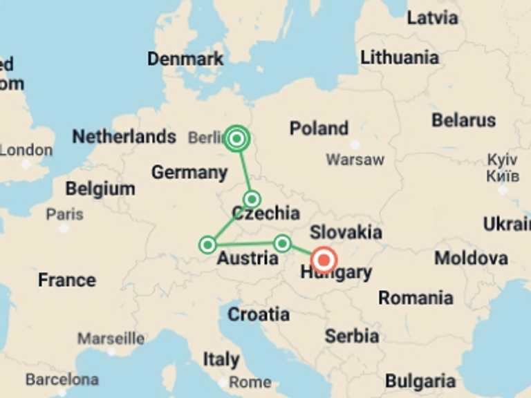 Map itinerary of Vienna Tour in June 2027 with 5 destination visits for the trip: Magical Europe : Berlin to Budapest (4 Star Hotels)