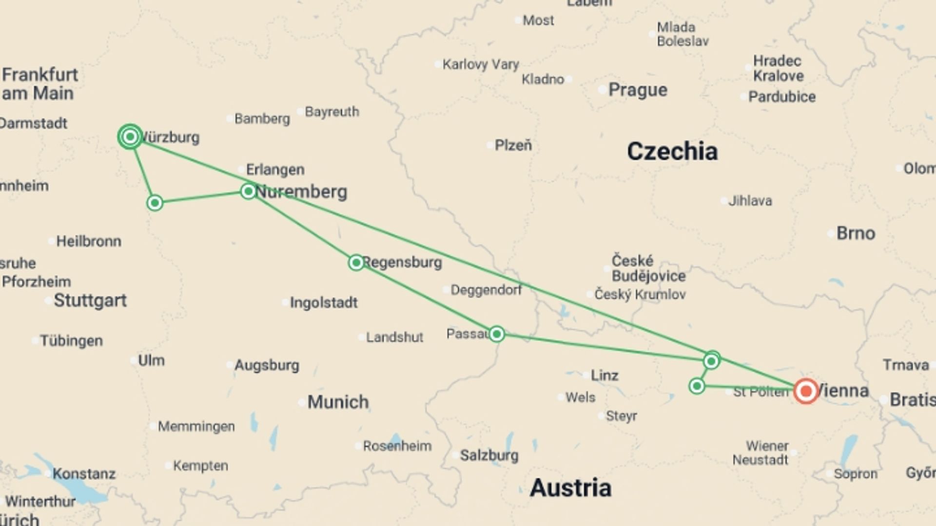 A map showing the tour itinerary for the trip: Christmas on the Danube featuring a 6-night Danube River Cruise, starting in Wurzburg, Germany and ending in Vienna, Austria going through 1 other destinations.