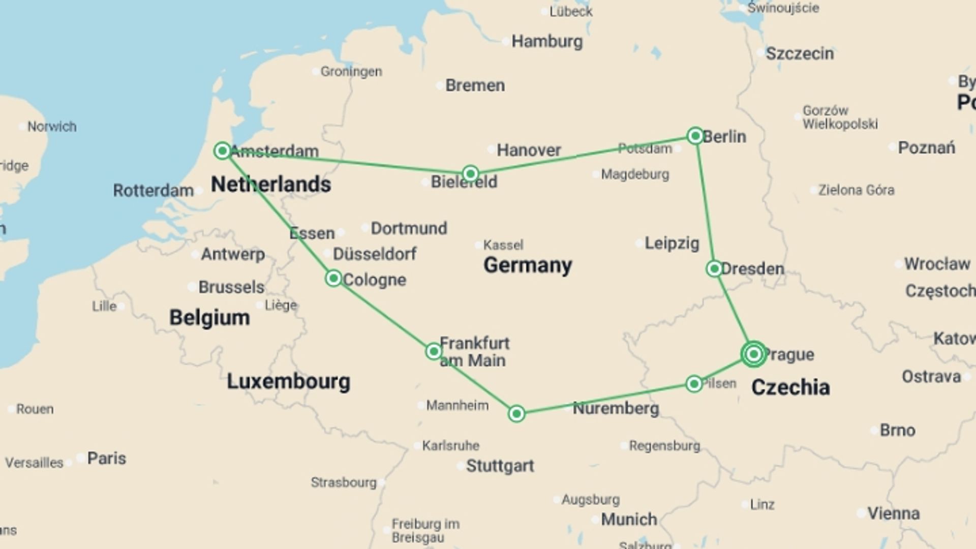A map showing the tour itinerary for the trip: Czech Republic, Amsterdam and Germany, Ending in Prague, starting in Prague, Czech Republic and ending in Prague, Czech Republic going through 3 other destinations.
