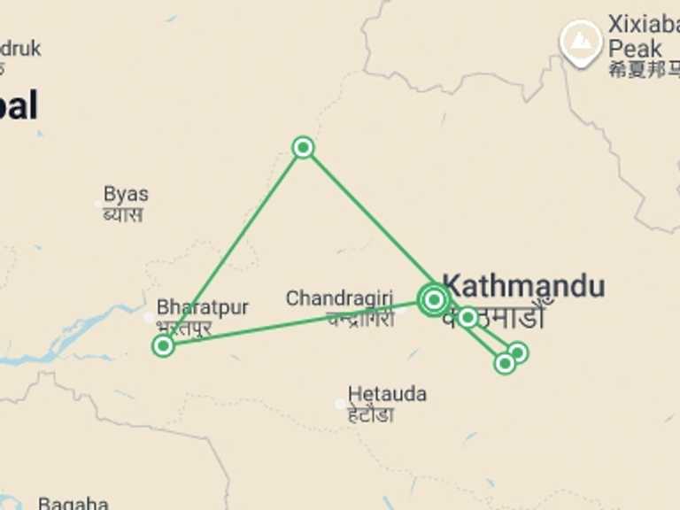 Map of 10-Day Kathmandu Tour with 6 destination visits for the trip: Nepal Adventure