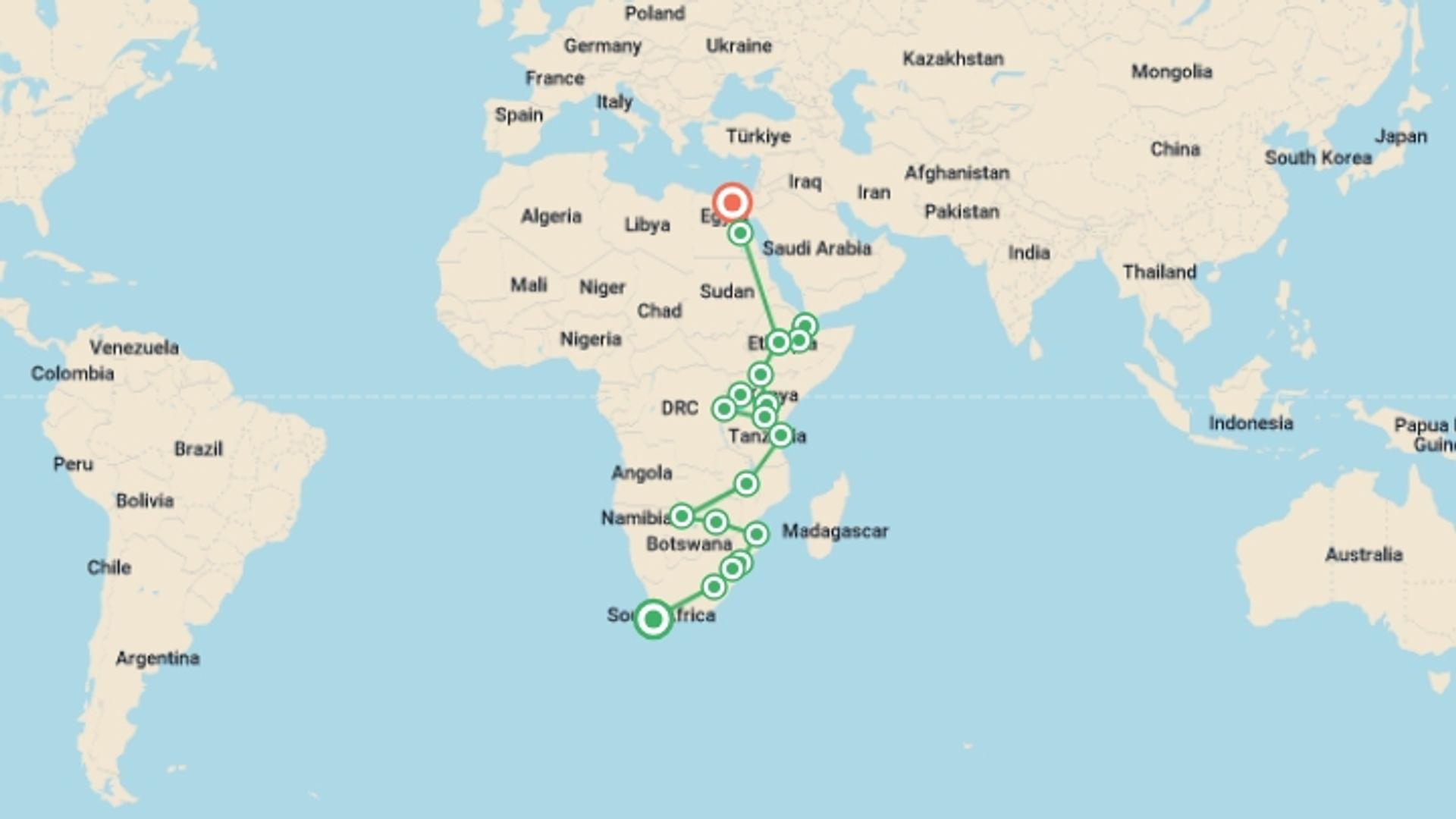 A map showing the tour itinerary for the trip: Cape Town To Cairo, starting in Cape Town, South Africa and ending in Cairo, Egypt going through 19 other destinations.