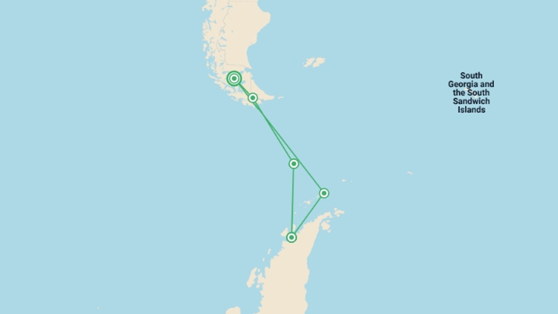 A map showing the tour itinerary for the trip: Antarctica Through the Lens -  M/V Greg Mortimer, starting in Ushuaia, Argentina and ending in Punta Arenas, Chile going through 3 other destinations.
