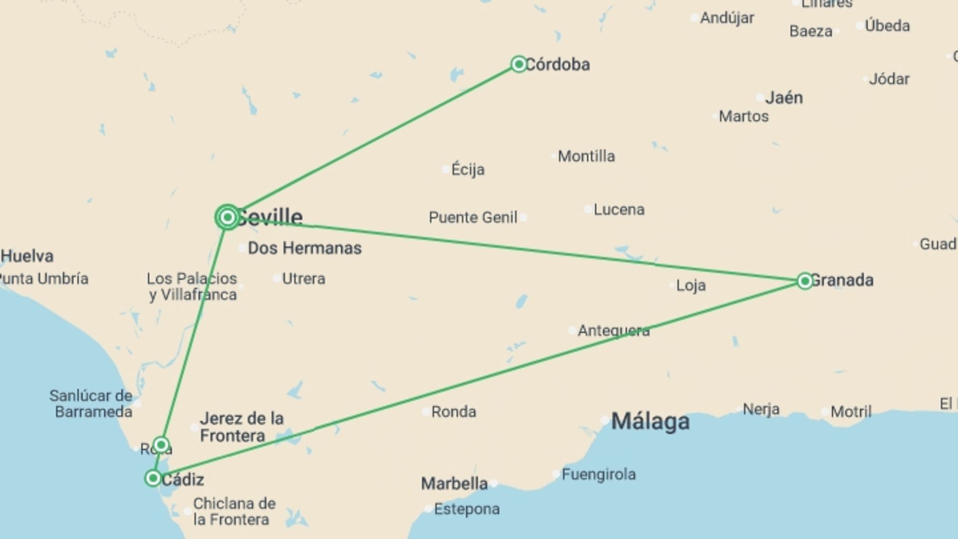 A map showing the tour itinerary for the trip: Spanish flavors and festivities, a cruise in the heart of Andalusia (port-to-port cruise), starting in Seville, Spain and ending in Seville, Spain going through 2 other destinations.