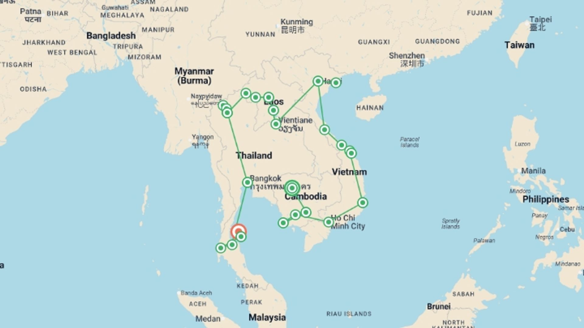 A map showing the tour itinerary for the trip: Total Southeast Asia: Tasty Street Eats & Chill Island Vibes, starting in Siem Reap, Cambodia and ending in Koh Tao, Thailand going through 23 other destinations.