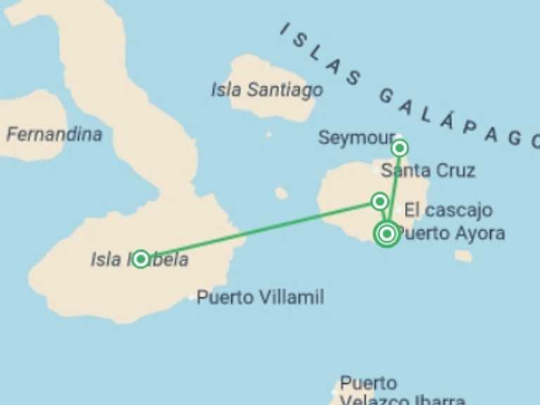 Map itinerary of South America Tour in January 2027 with 4 destination visits for the trip: 6-day Galapagos Escape: Volcano Trails & Wildlife Encounters, French-speaking Guide