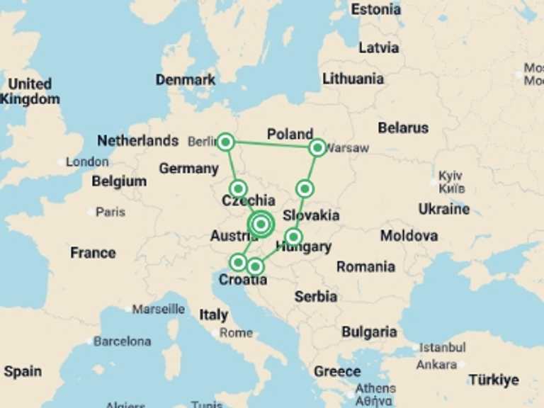 Map itinerary of Vienna Tour in Summer with 8 destination visits for the trip: Highlights of Eastern Europe