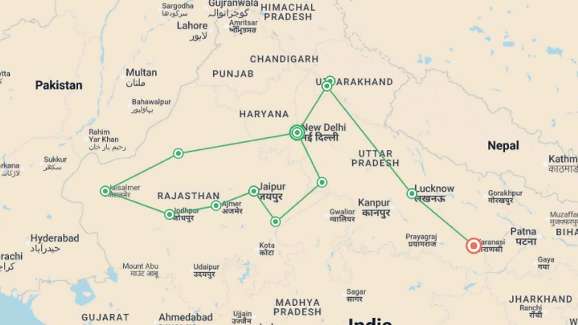 A map showing the tour itinerary for the trip: India: Northern Explorer, starting in New Delhi, India and ending in Varanasi, India going through 9 other destinations.