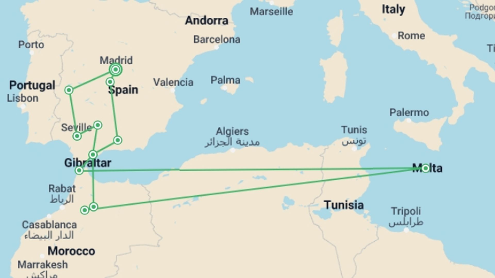 A map showing the tour itinerary for the trip: 10-day Andalusia And Morocco Escorted Tour From Madrid, starting in Madrid, Spain and ending in Madrid, Spain going through 6 other destinations.