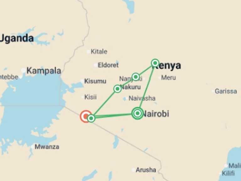 Map of Kenya Tour with 6 destination visits for the trip: Super Kenyan Safari 8D/7N (Masai Mara, Lake Nakuru, Sweetwaters & Samburu)