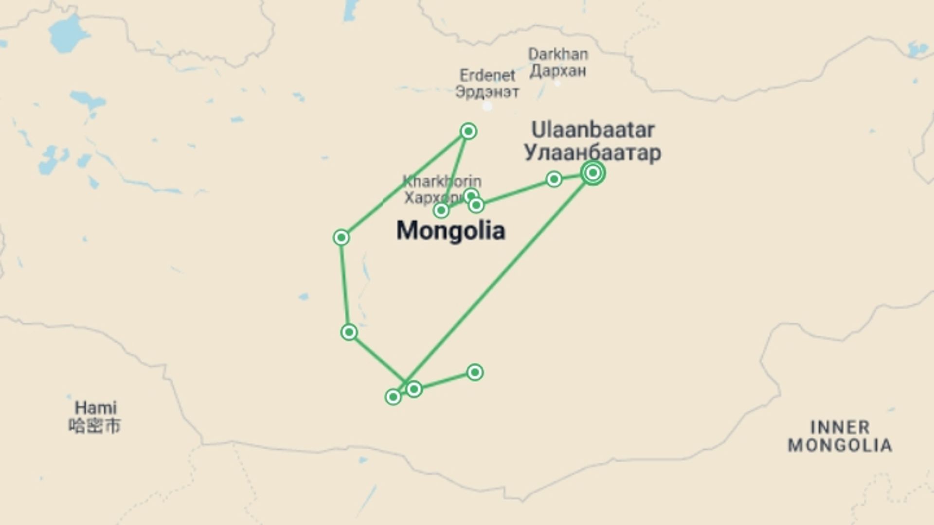 A map showing the tour itinerary for the trip: Gobi Desert Explorer, starting in Ulaanbaatar, Mongolia and ending in Ulaanbaatar, Mongolia going through 10 other destinations.