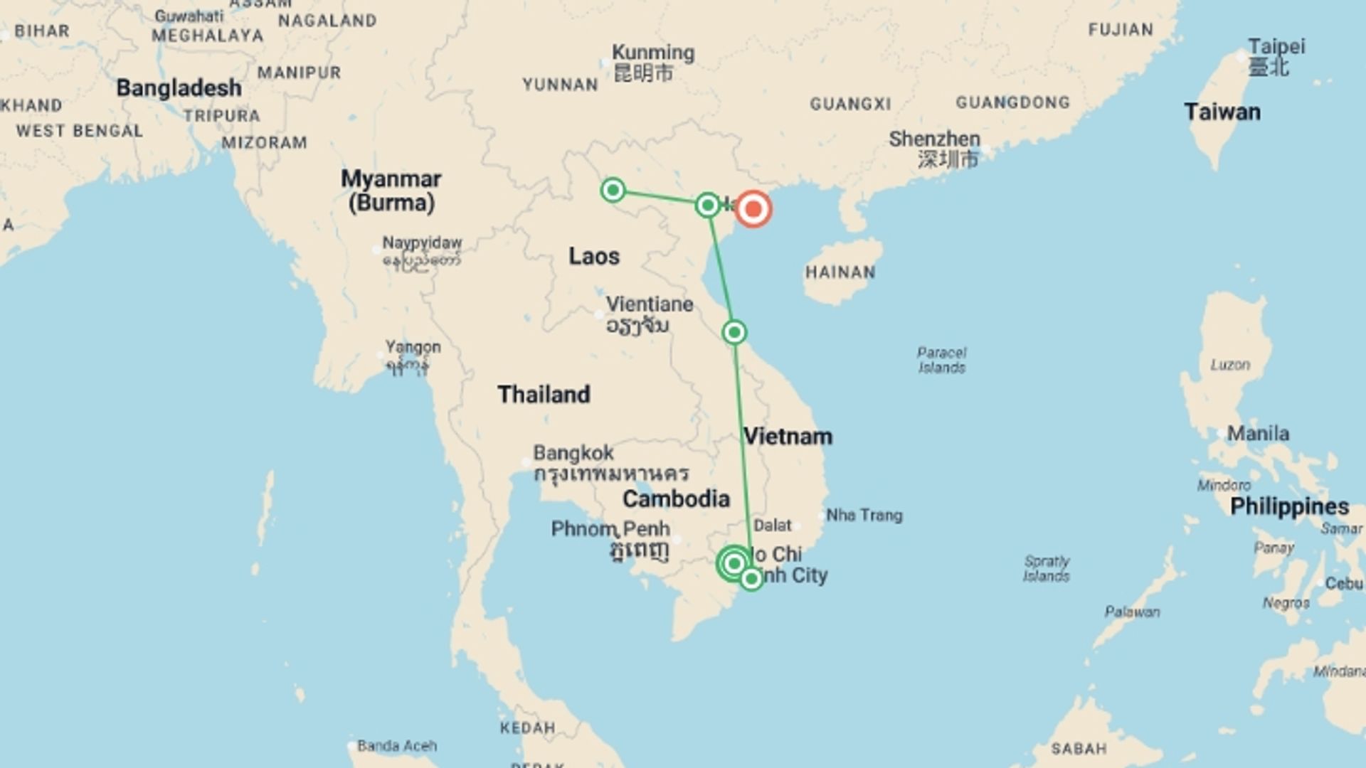 A map showing the tour itinerary for the trip: Vietnam War Heritage Tour, starting in Ho Chi Minh City, Vietnam and ending in Halong Bay, Vietnam going through 4 other destinations.