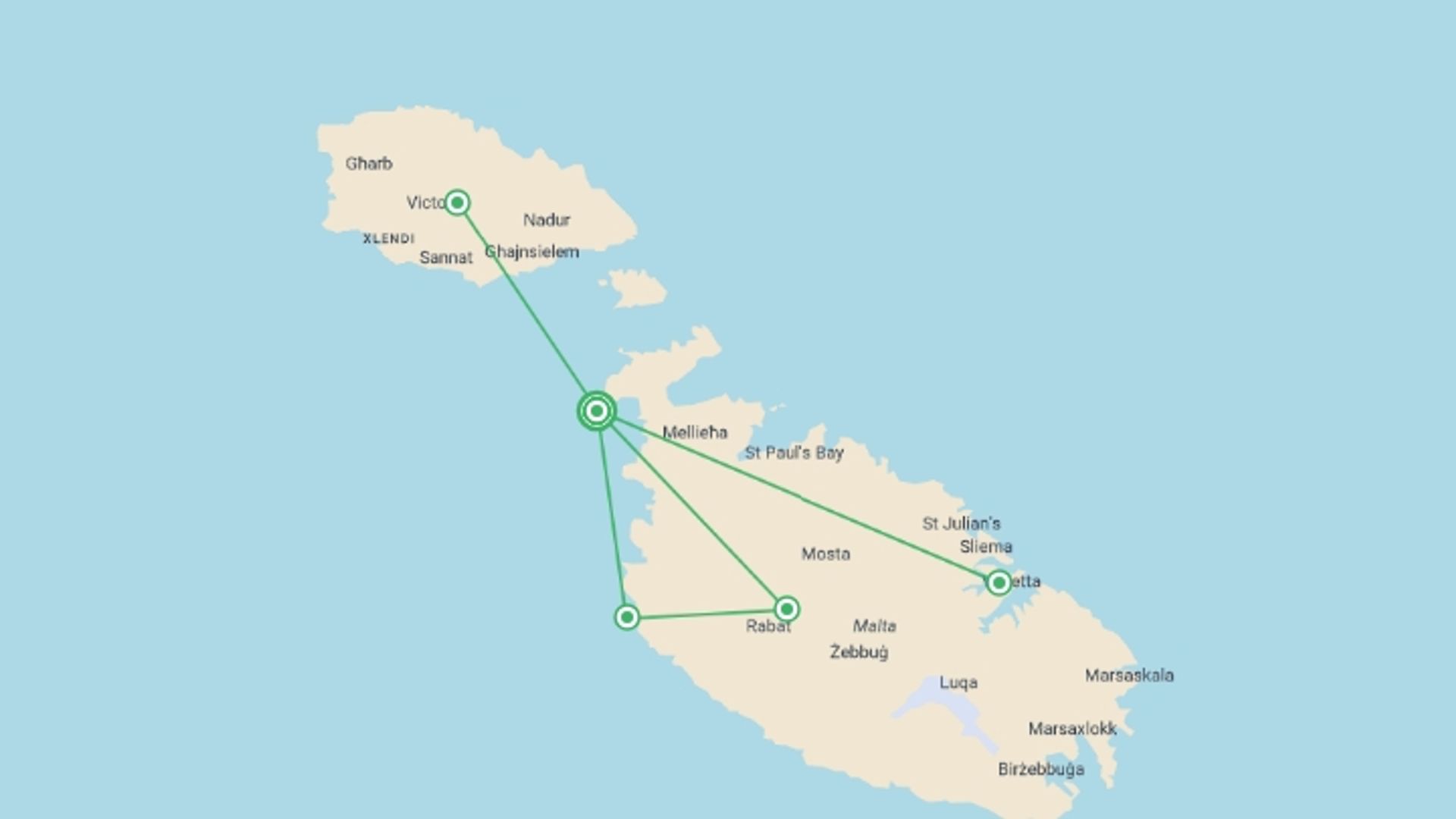 A map showing the tour itinerary for the trip: Malta & Gozo Explorer - 8 days, starting in Mellieha, Malta and ending in Mellieha, Malta going through 1 other destinations.