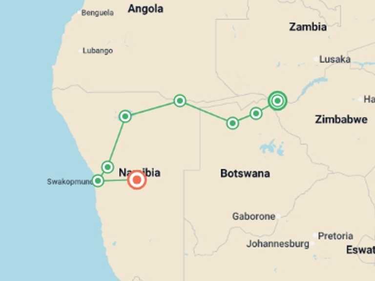 Map of East Africa Tour with 8 destination visits for the trip: Chobe, Okavango & Etosha - 14 days