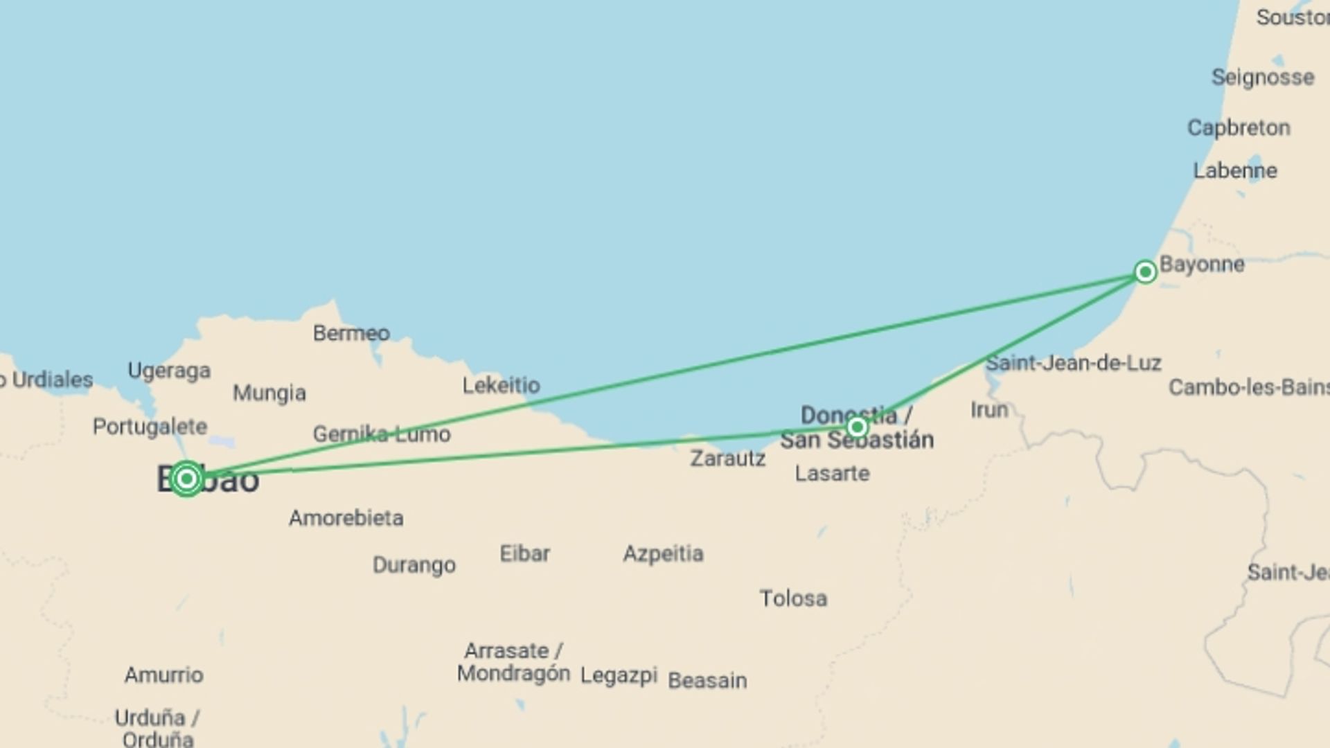 A map showing the tour itinerary for the trip: Bilbao Uncovered (Superior) - 5 days, starting in Bilbao, Spain and ending in Bilbao, Spain going through 1 other destinations.