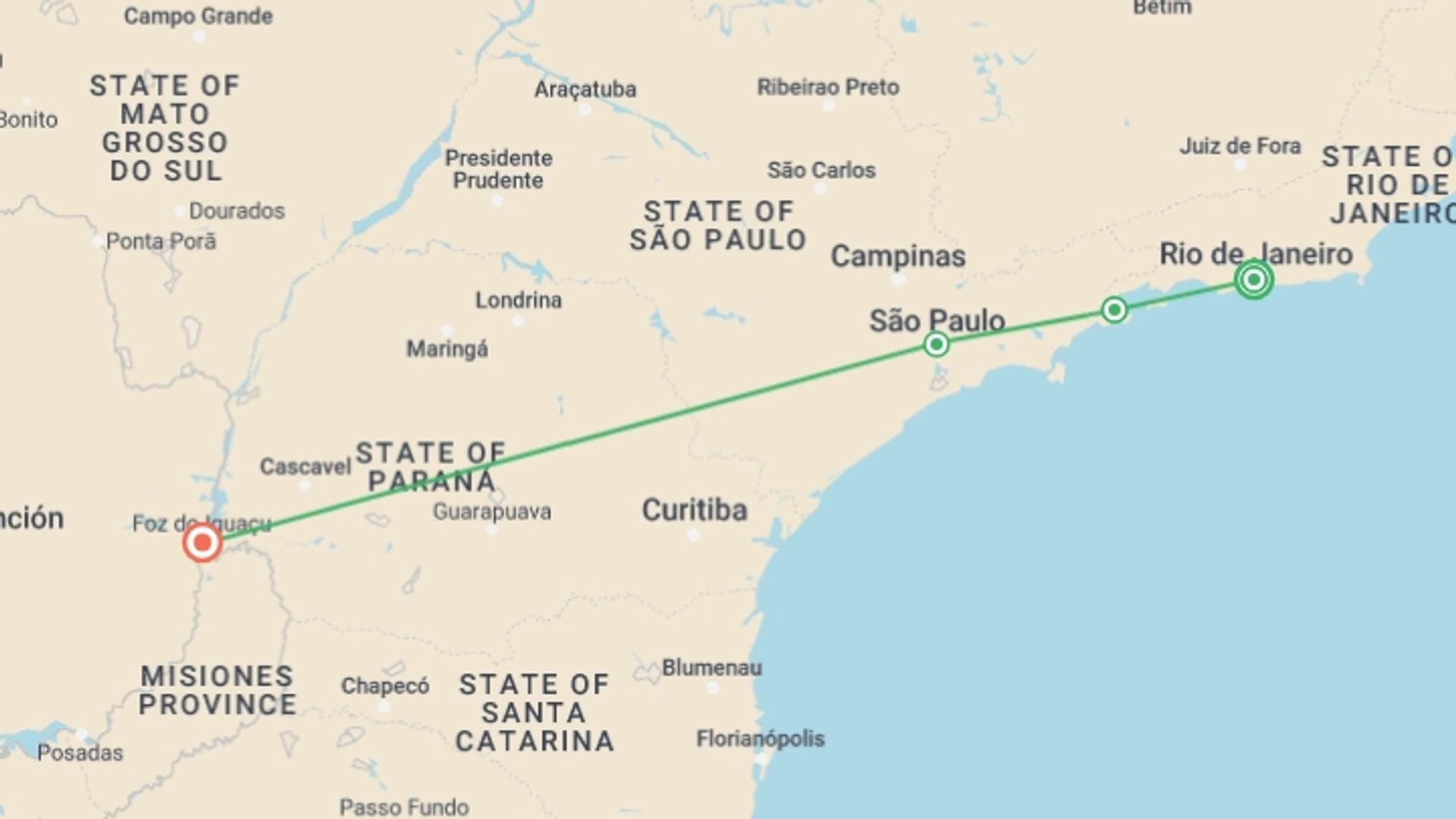 A map showing the tour itinerary for the trip: Brazil & Iguazu Highlights - Tour Rio de Janeiro to Iguazu Falls, starting in Rio de Janeiro, Brazil and ending in Foz Do Iguacu, Brazil going through 4 other destinations.