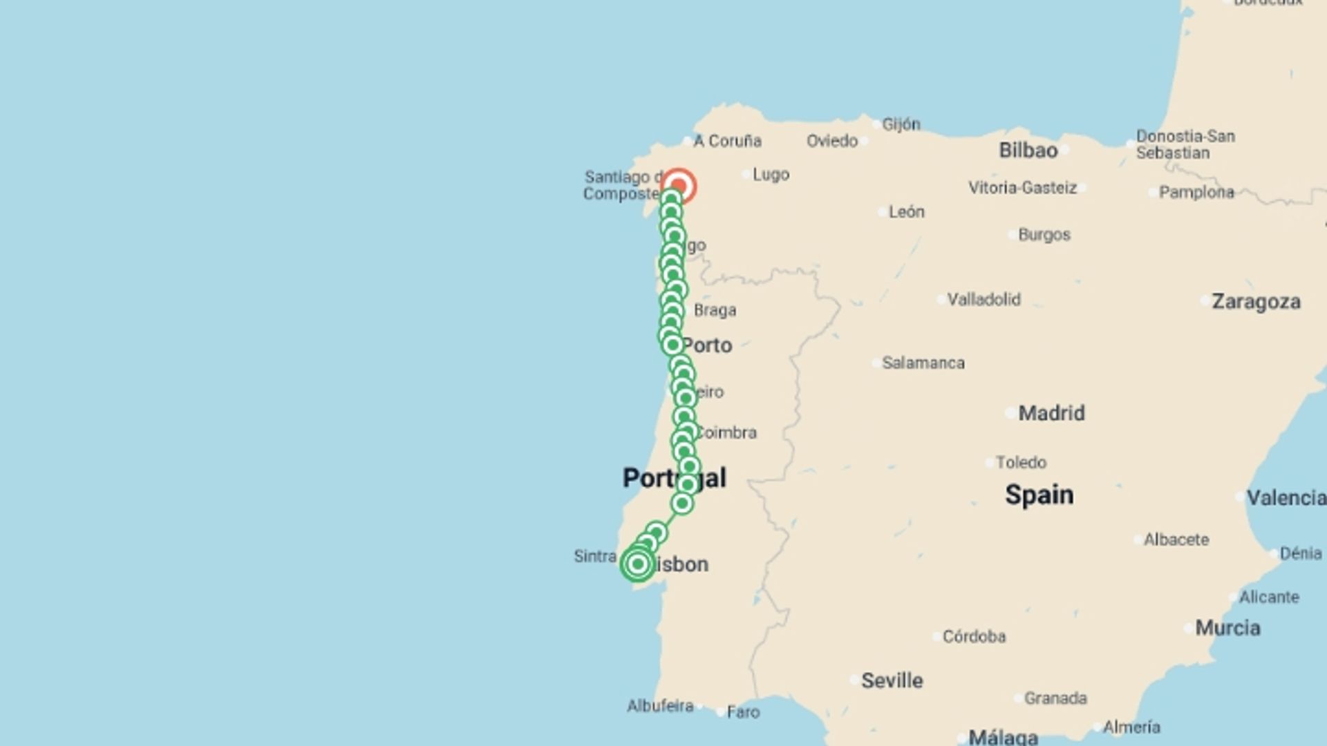 A map showing the tour itinerary for the trip: Full Portuguese Camino, starting in Lisbon, Portugal and ending in Santiago De Compostela, Spain going through 23 other destinations.