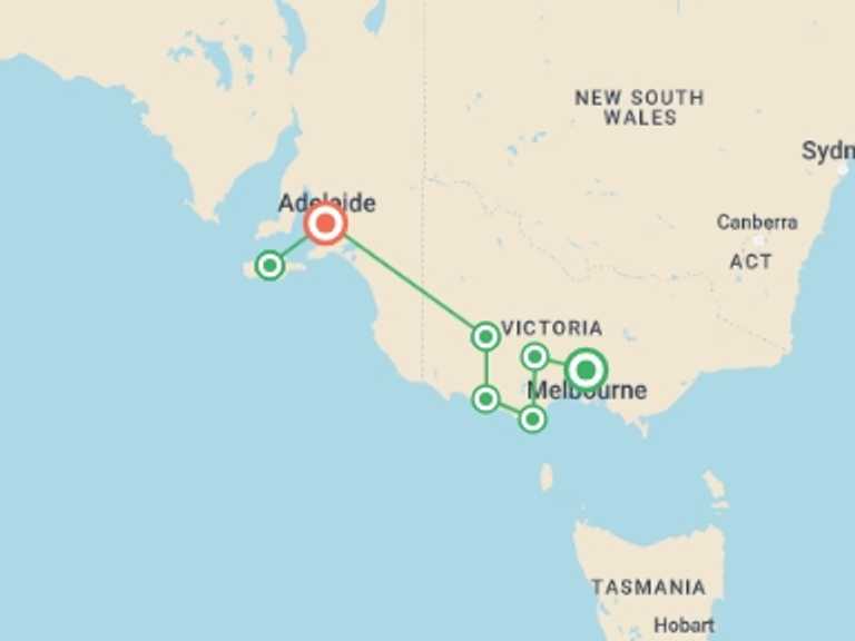 Map of Oceania Tour with 7 destination visits for the trip: Melbourne to Kangaroo Island Adventure