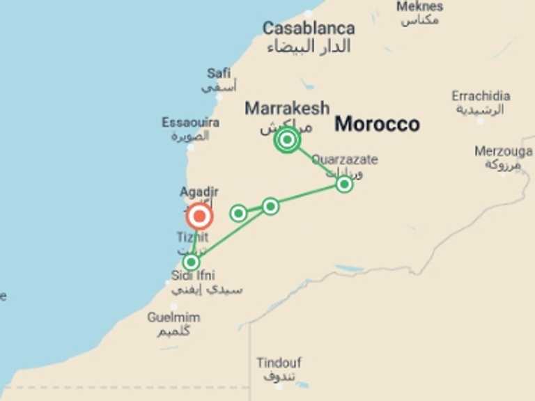 Map of 8-Day Marrakech Tour with 5 destination visits for the trip: Oasis Of The South, Self-drive