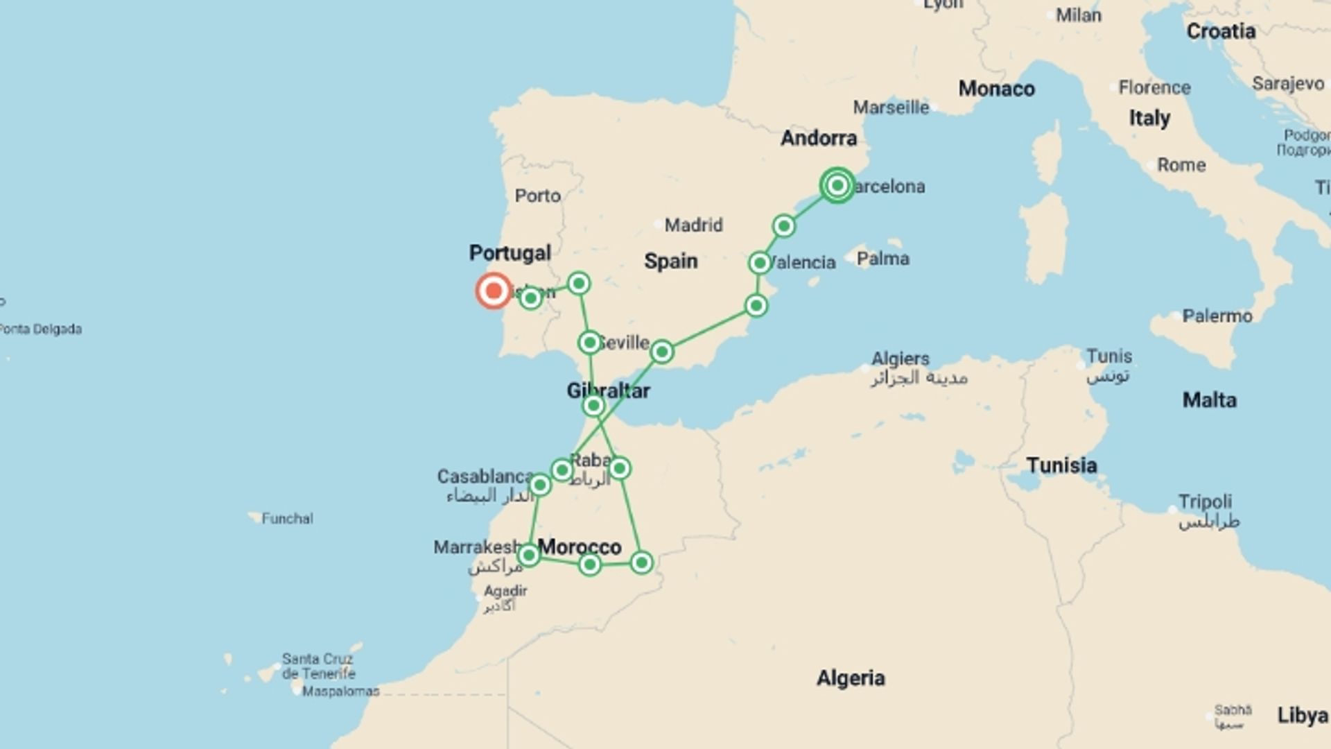 A map showing the tour itinerary for the trip: Spain, Morocco and Portugal end Lisbon, starting in Barcelona, Spain and ending in Lisbon, Portugal going through 10 other destinations.